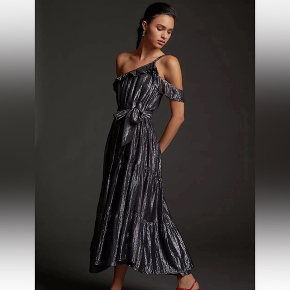 Anthropologie Maeve Ruffled One-Shoulder Dress Black Silver Women’s Size Small - Picture 1 of 9